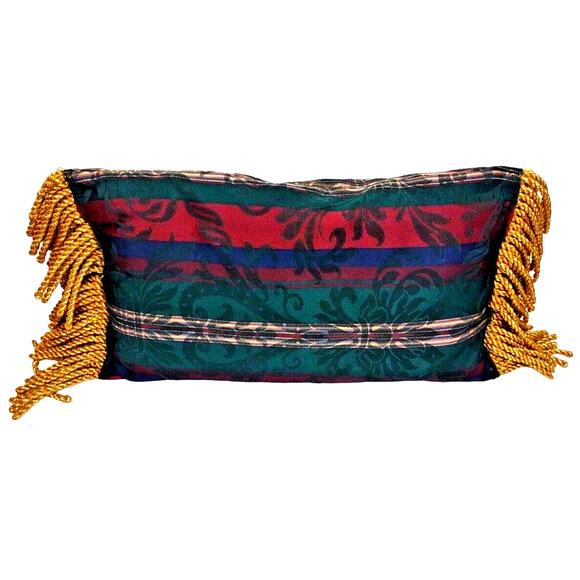 Vintage Rectangle Tapestry Pillow Heavy Gold Fringed Edge Scrolls and Stripes - Picture 2 of 8